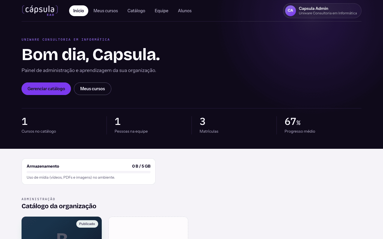 Painel inicial da cápsula EAD com indicadores de cursos, equipe e progresso